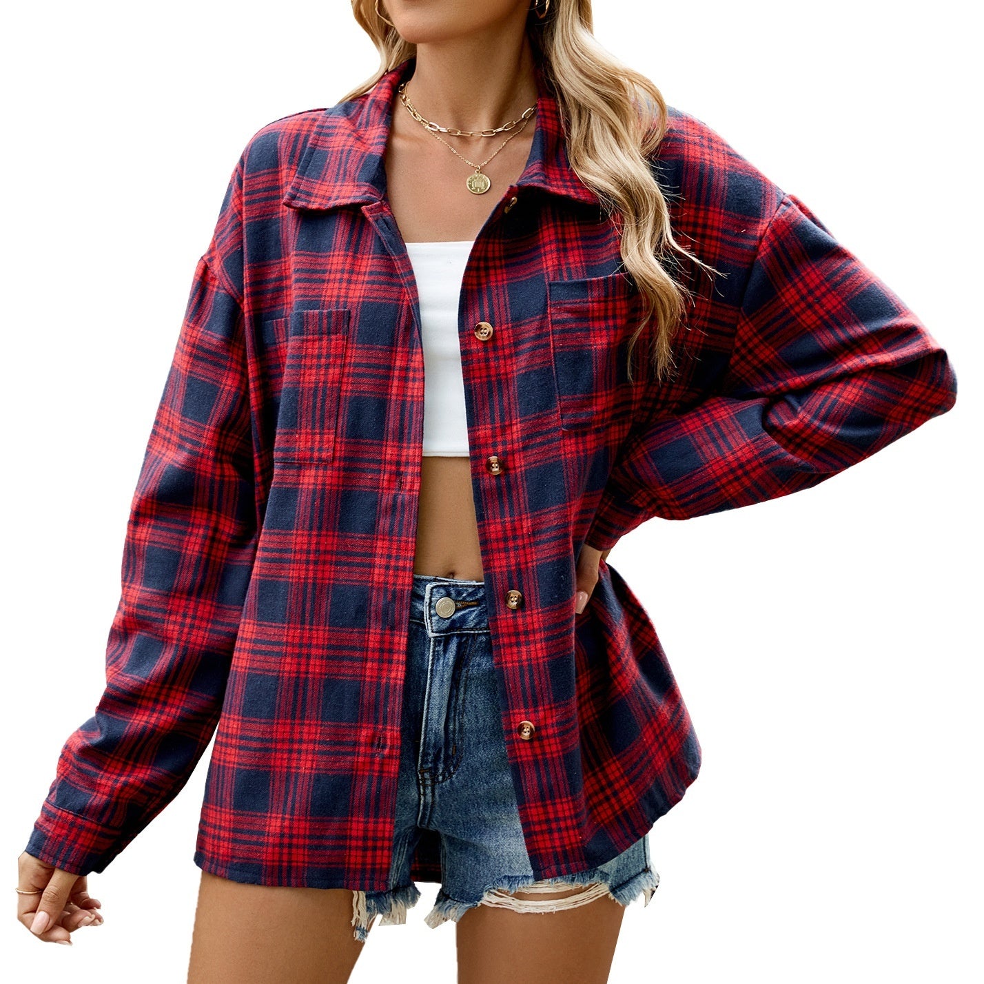 Lapel Plaid Contrast Color Striped Long Sleeve Shirt Coat