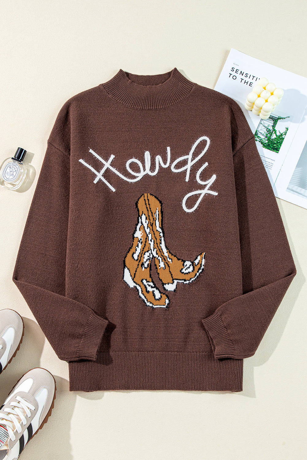 Coffee Western Howdy Boot Graphic High Neck Sweater