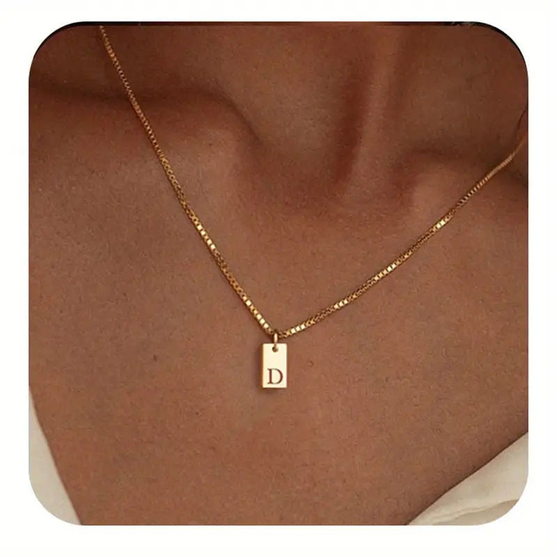 Stainless Steel Corrosion Carved 26 Letters Square Pendant Women's Necklace