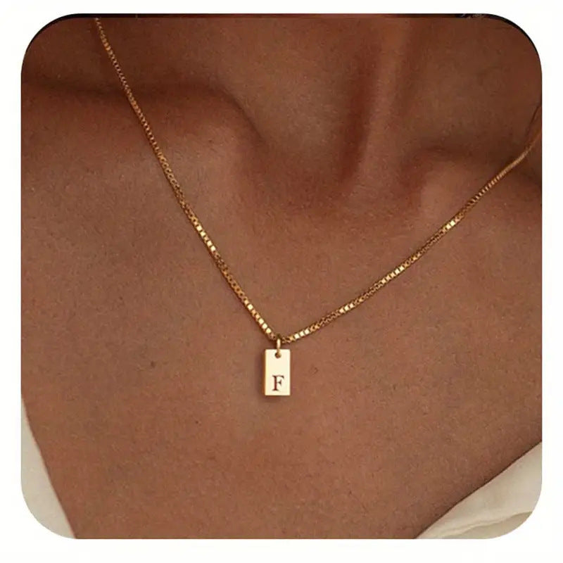 Stainless Steel Corrosion Carved 26 Letters Square Pendant Women's Necklace