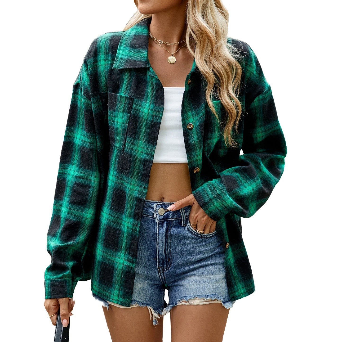 Lapel Plaid Contrast Color Striped Long Sleeve Shirt Coat