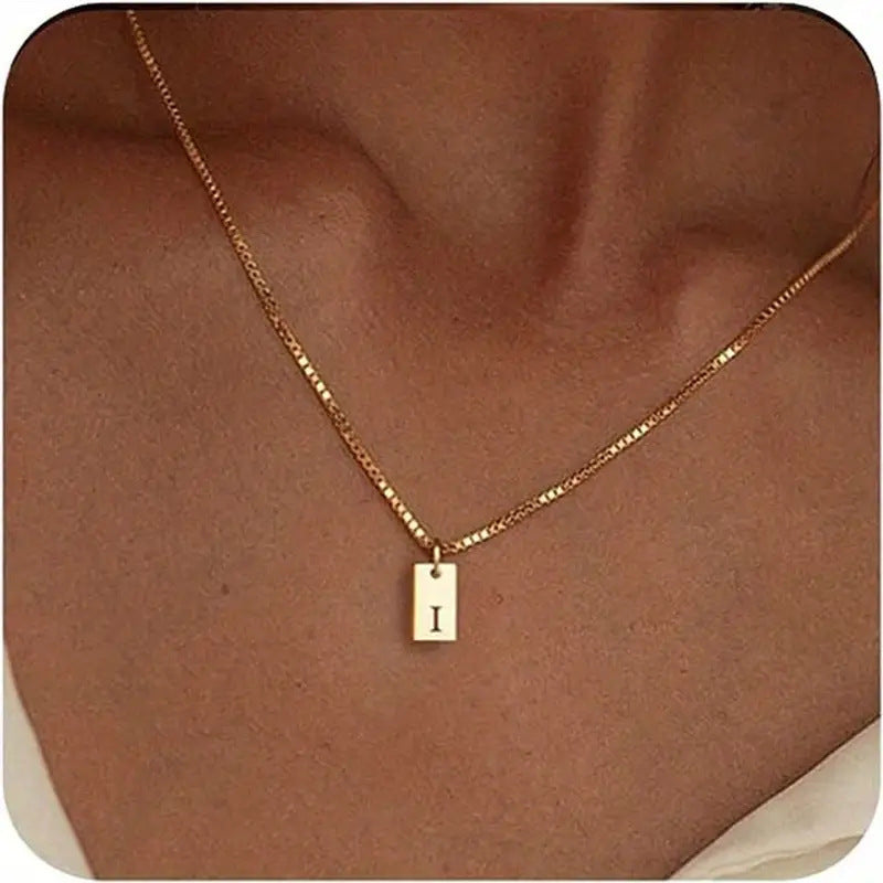 Stainless Steel Corrosion Carved 26 Letters Square Pendant Women's Necklace