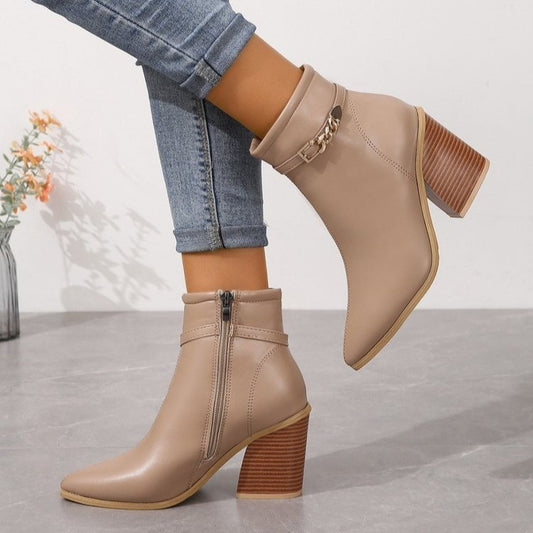 Women's High Heel Side Zipper Plus Size Pointed Toe Chunky Heel Martin Boots