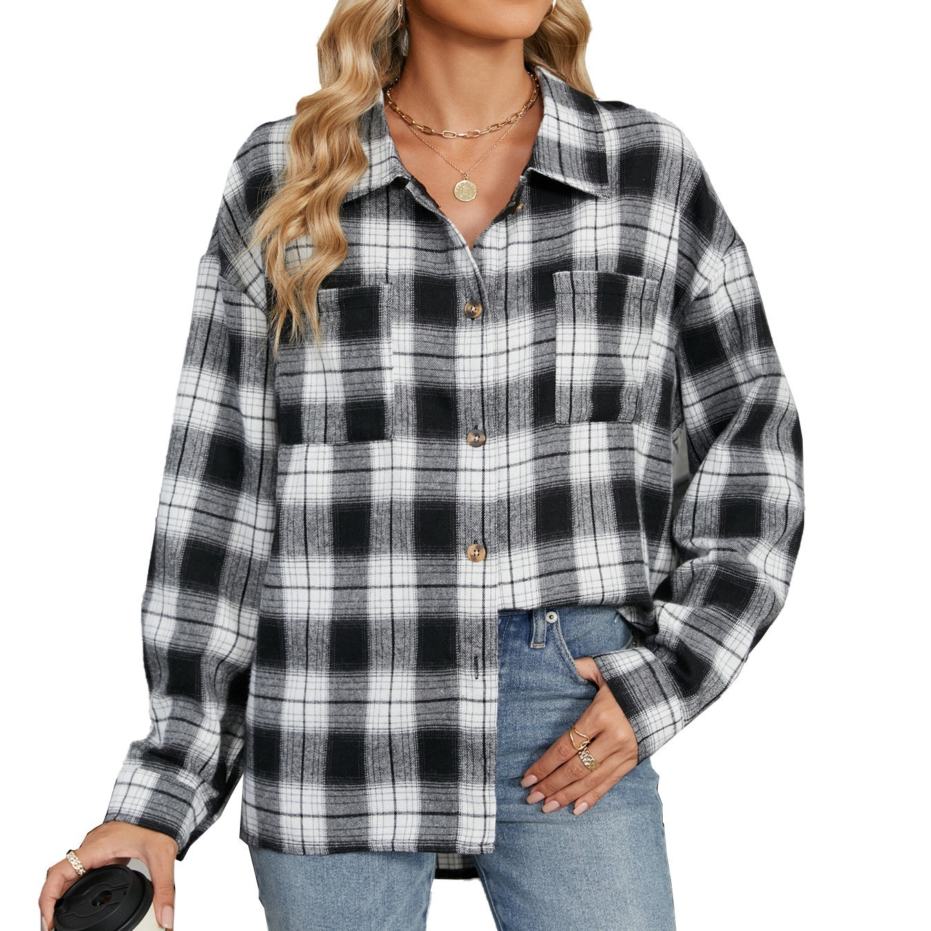 Lapel Plaid Contrast Color Striped Long Sleeve Shirt Coat