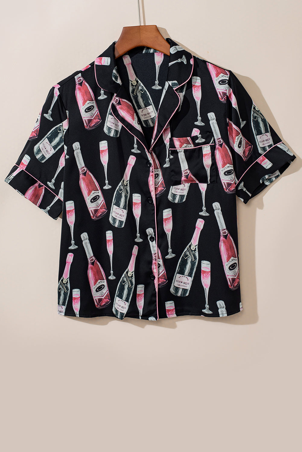 Black Champagne Print Silky Short Sleeve Pajamas Set