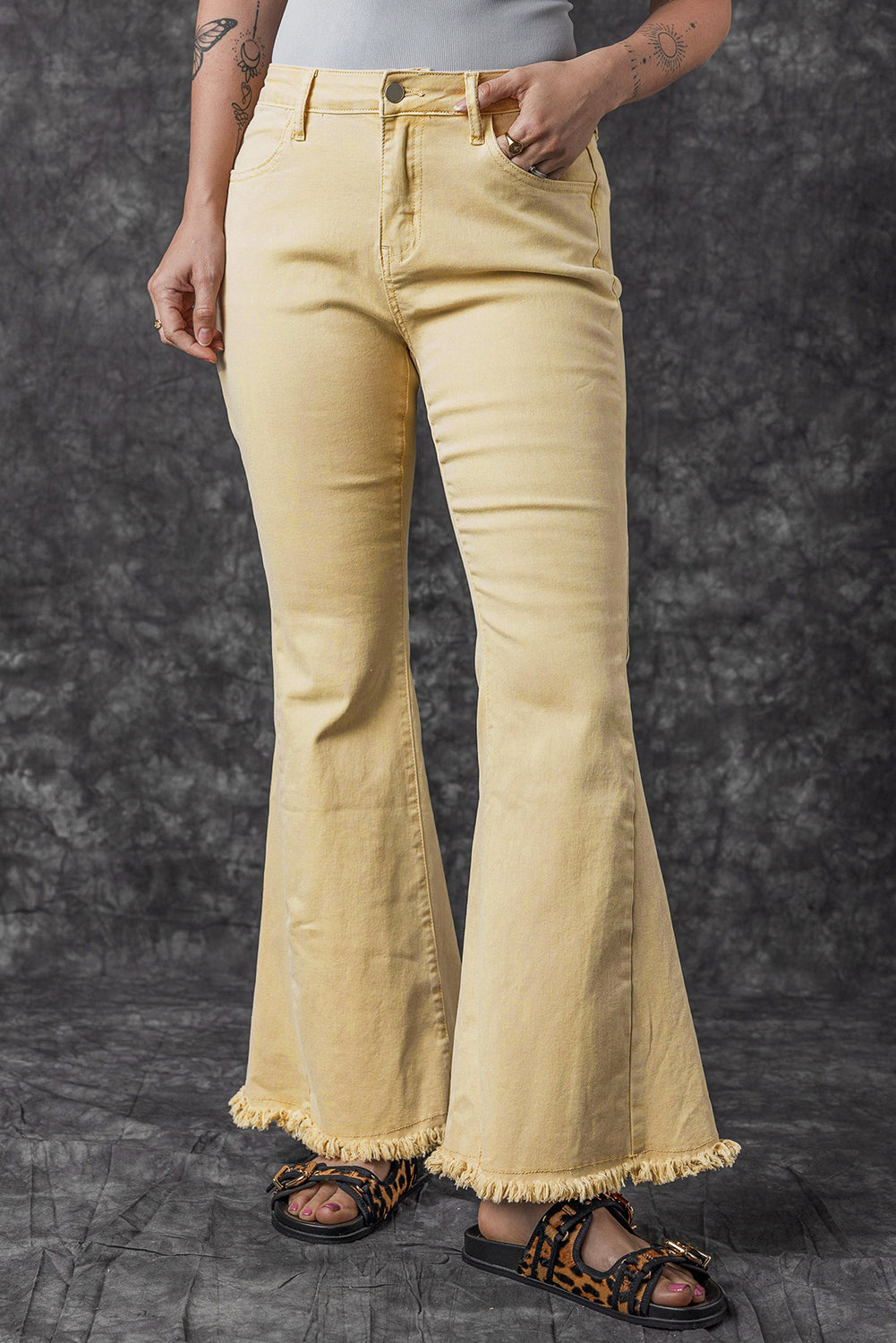 Khaki Raw Edge Mid Waist Flared Jeans