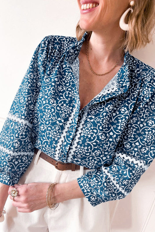 Blue Floral Ric-rac Patchwork Button Loose Fit Shirt