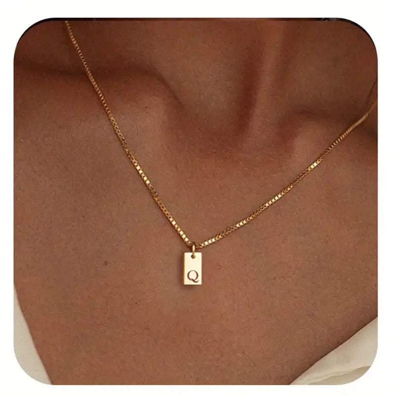 Stainless Steel Corrosion Carved 26 Letters Square Pendant Women's Necklace