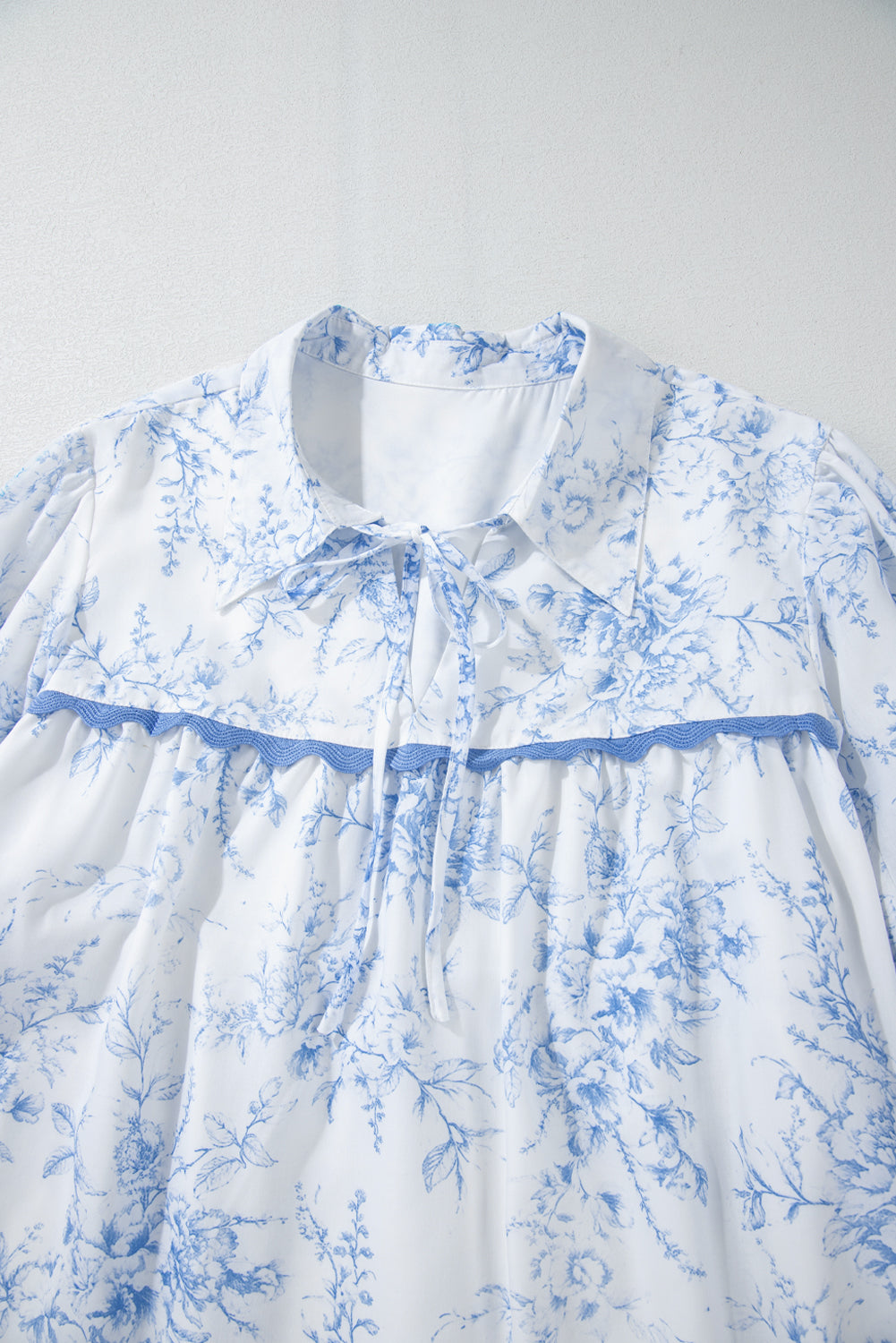 Sky Blue Floral 3/4 Sleeve Tied Collar Blouse