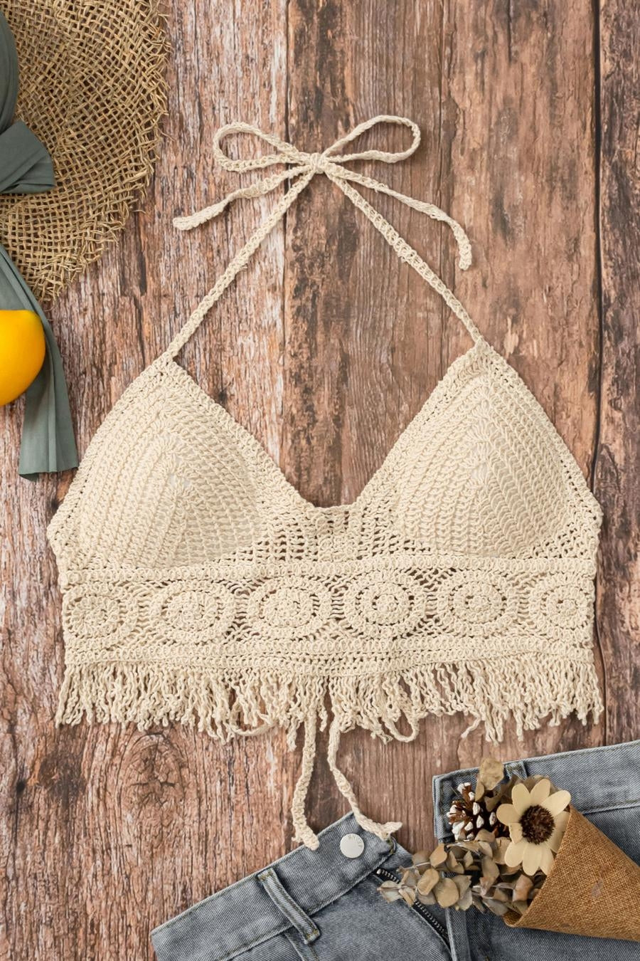 Knitted Hollow Tassel Crop Top (padded)