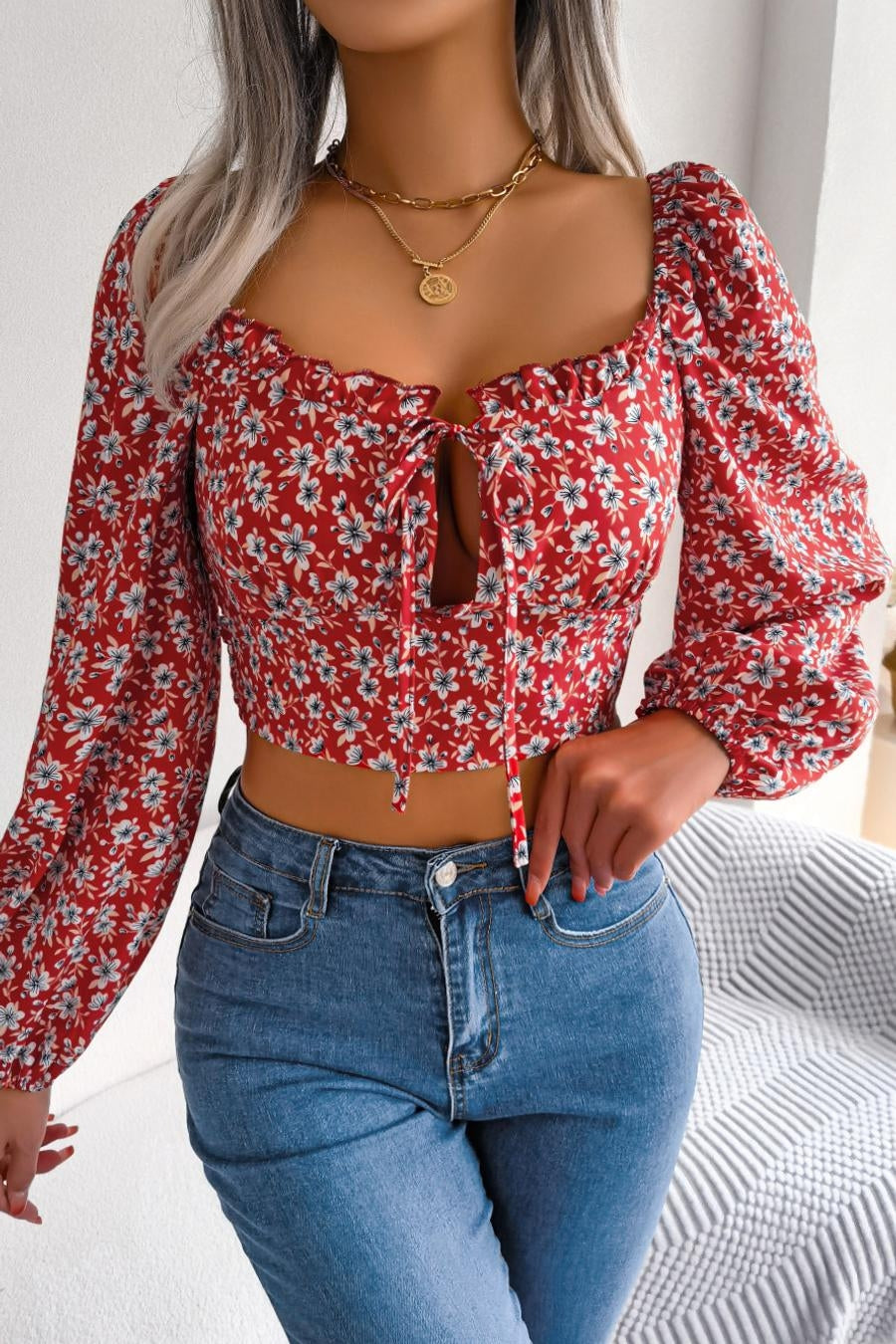 Chiffon Floral Lace-Up Crop Blouse