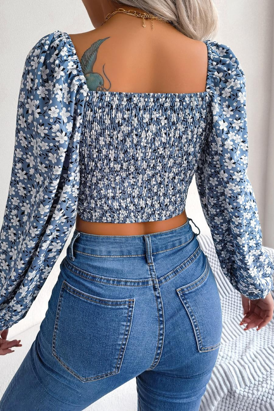 Chiffon Floral Lace-Up Crop Blouse