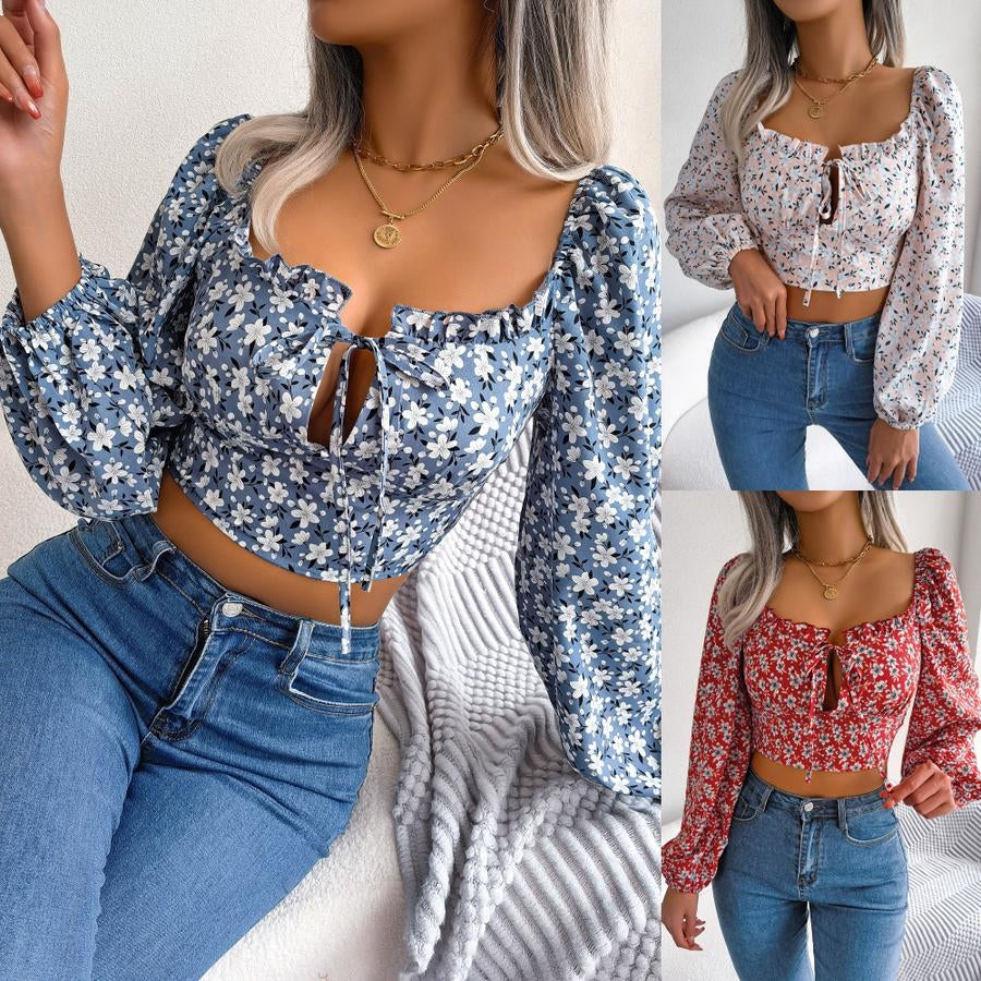 Chiffon Floral Lace-Up Crop Blouse