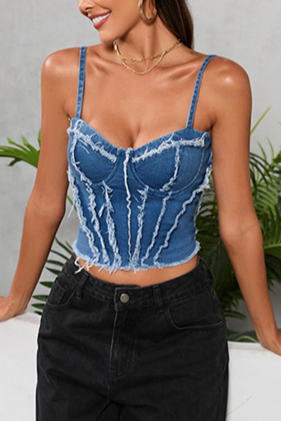 Denim Corset Padded Crop Top