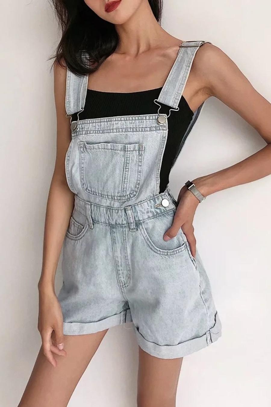 Casual Loose Pocket Denim Short Overalls