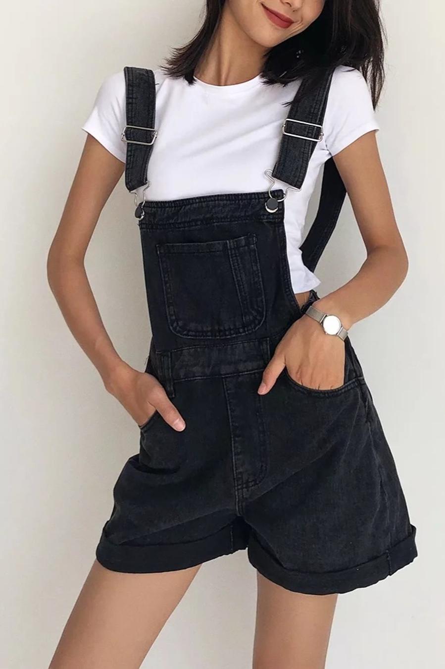 Casual Loose Pocket Denim Short Overalls