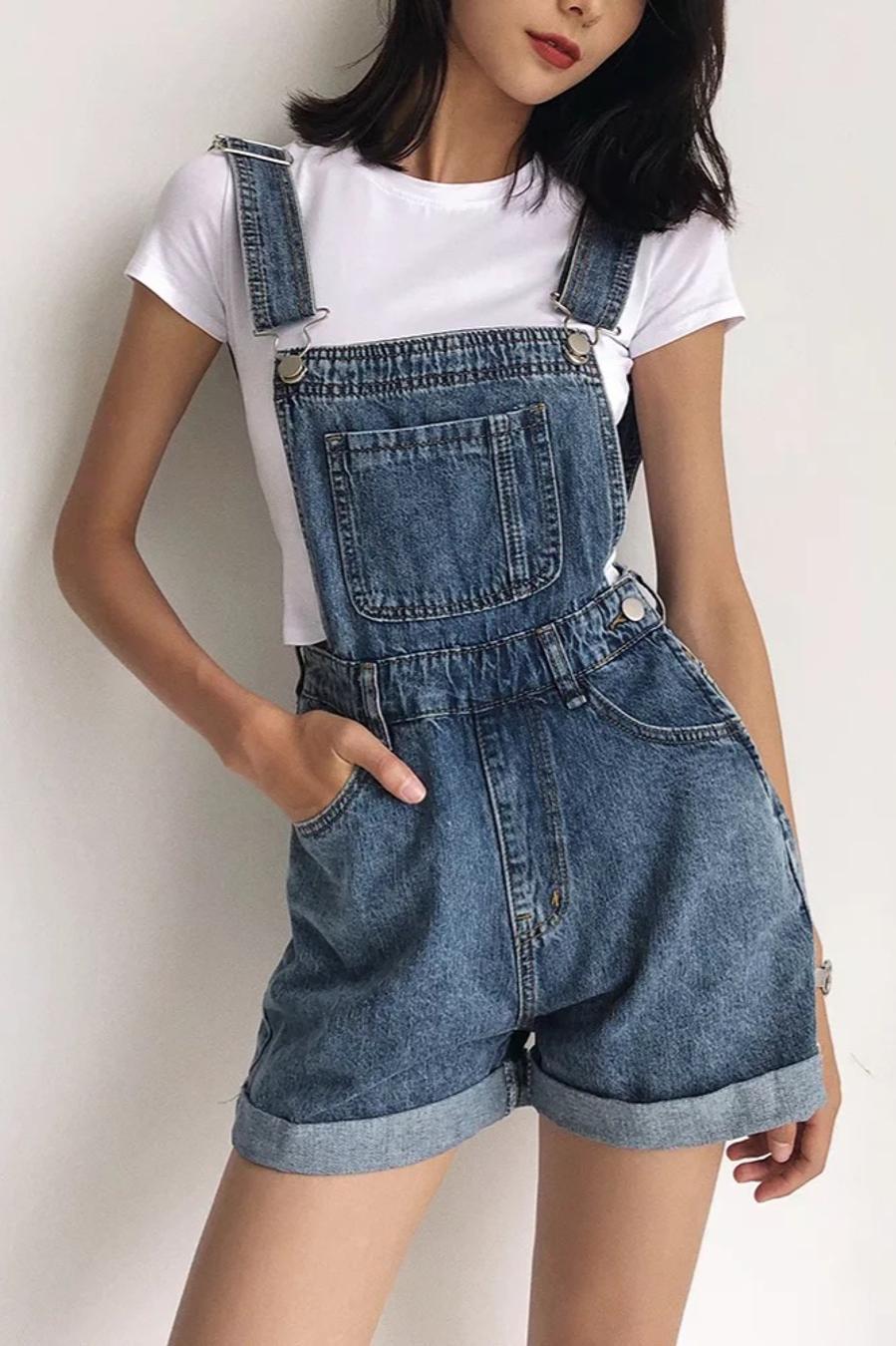 Casual Loose Pocket Denim Short Overalls