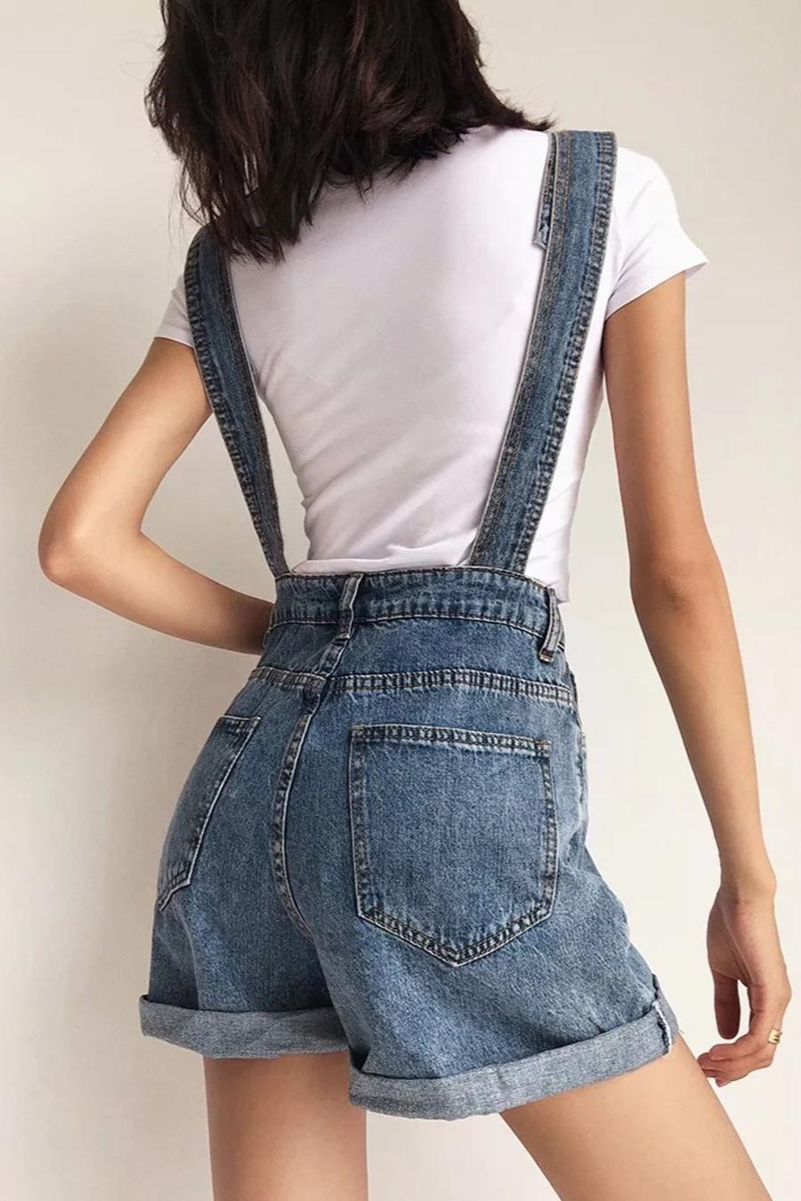 Casual Loose Pocket Denim Short Overalls