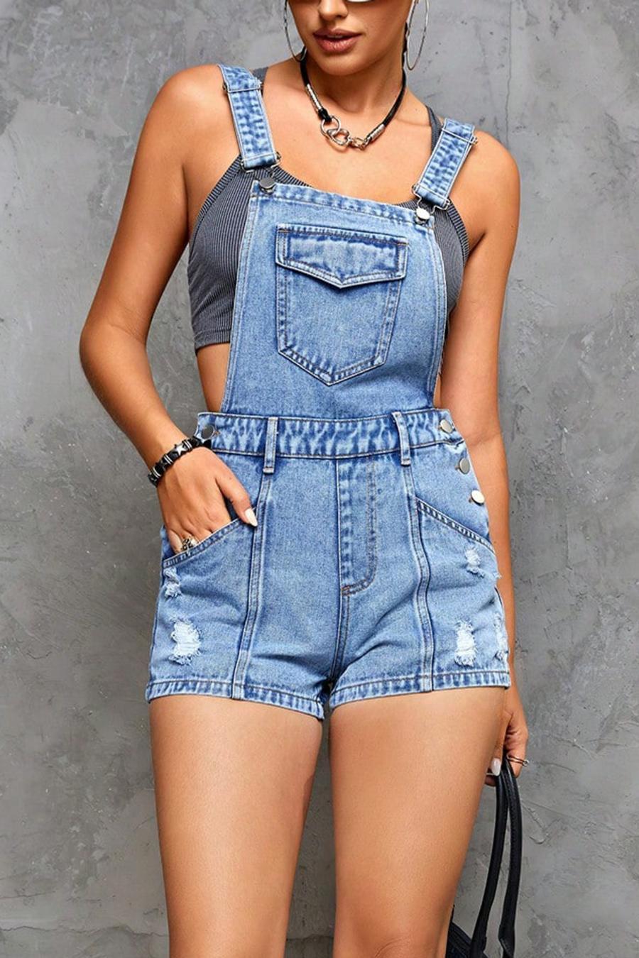 Denim Backless Overall Shorts