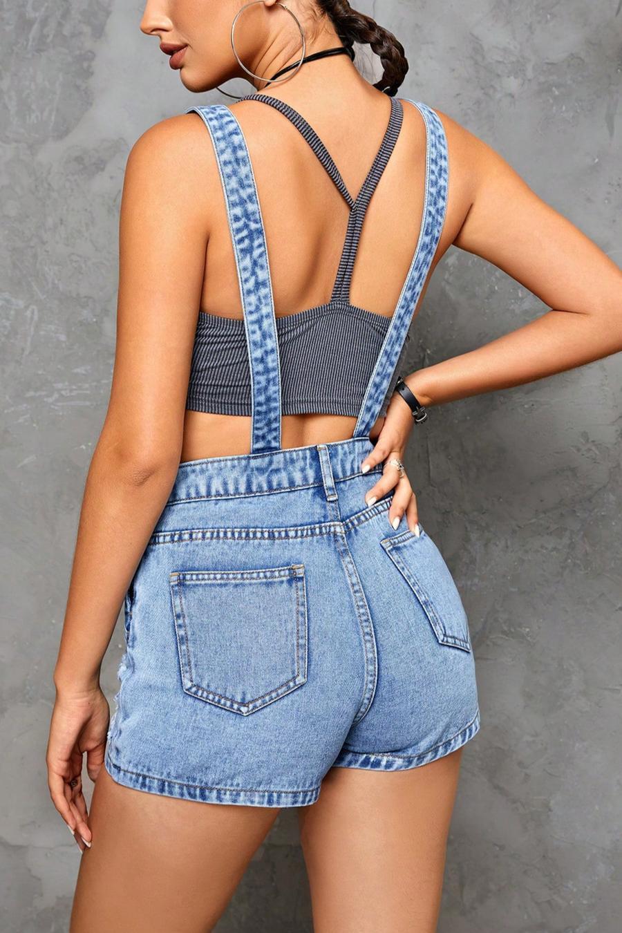 Denim Backless Overall Shorts