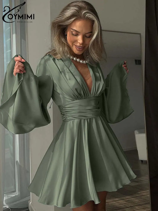 Emerald Satin V-Neck Pleated Mini Dress