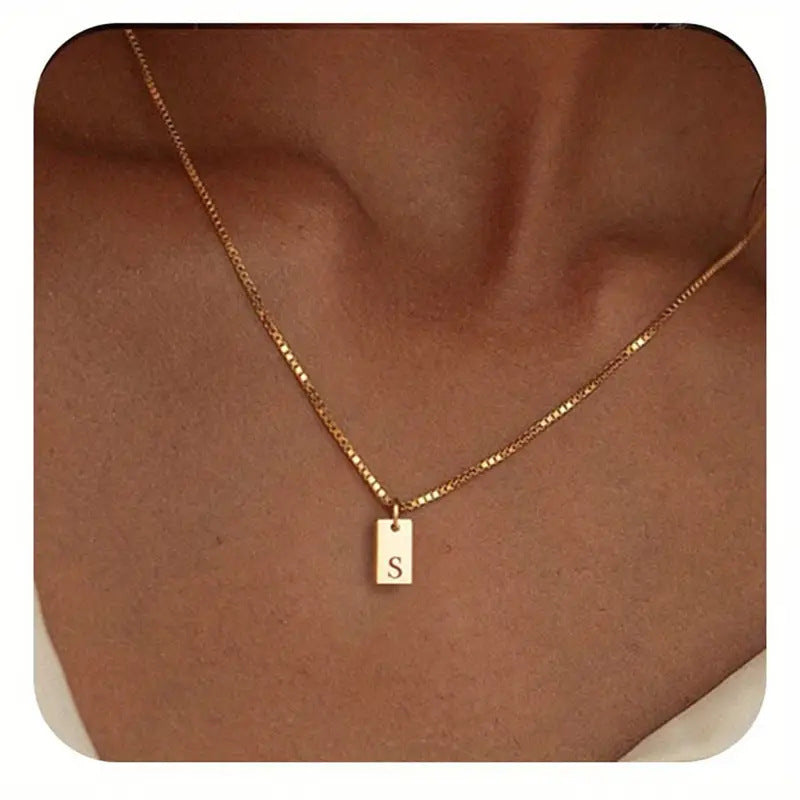 Stainless Steel Corrosion Carved 26 Letters Square Pendant Women's Necklace