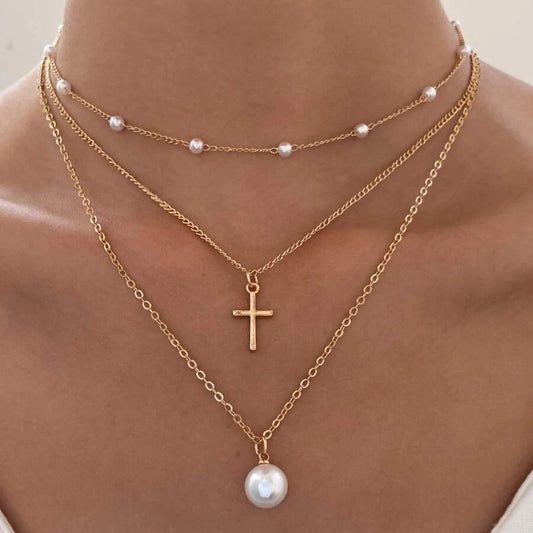 Fashion Multi-layer Pearl Necklace Female Cross