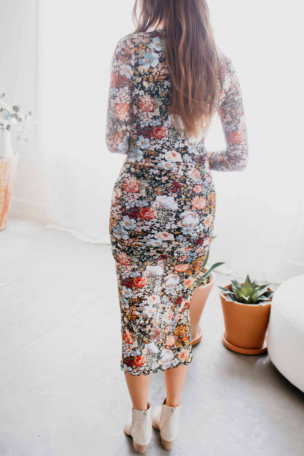 Brown Floral Allover Print Mock Neck Bodycon Long Sleeve Midi Dress