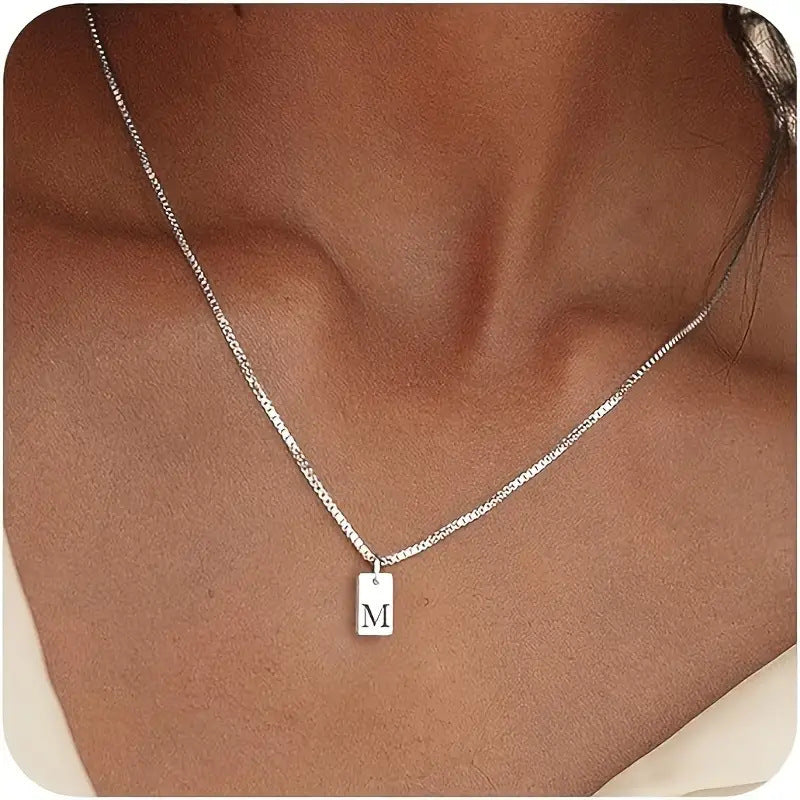 Stainless Steel Corrosion Carved 26 Letters Square Pendant Women's Necklace