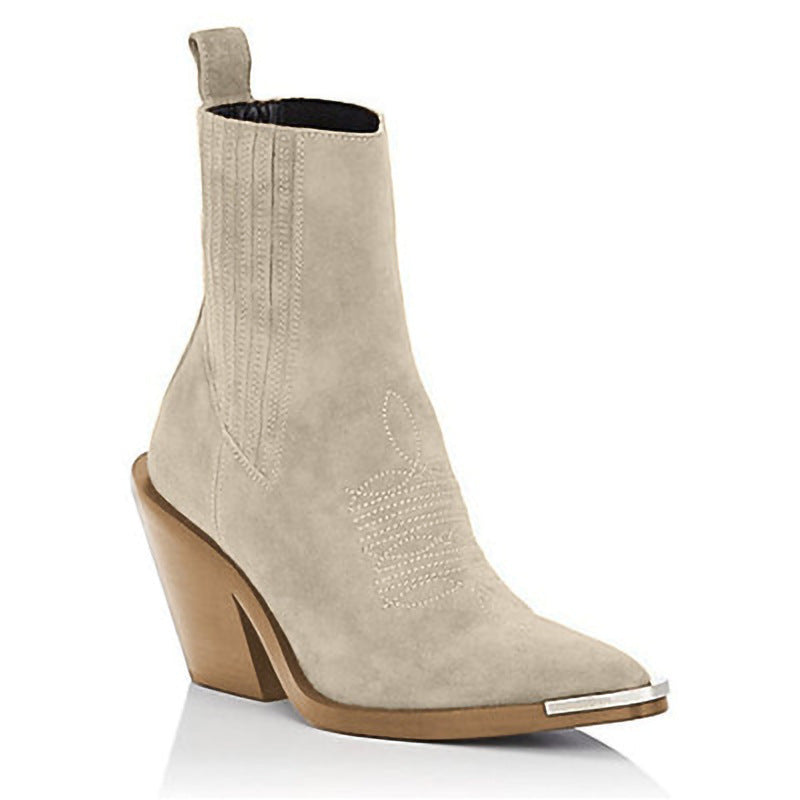 Chunky Heel Suede Pointed Women's Boots