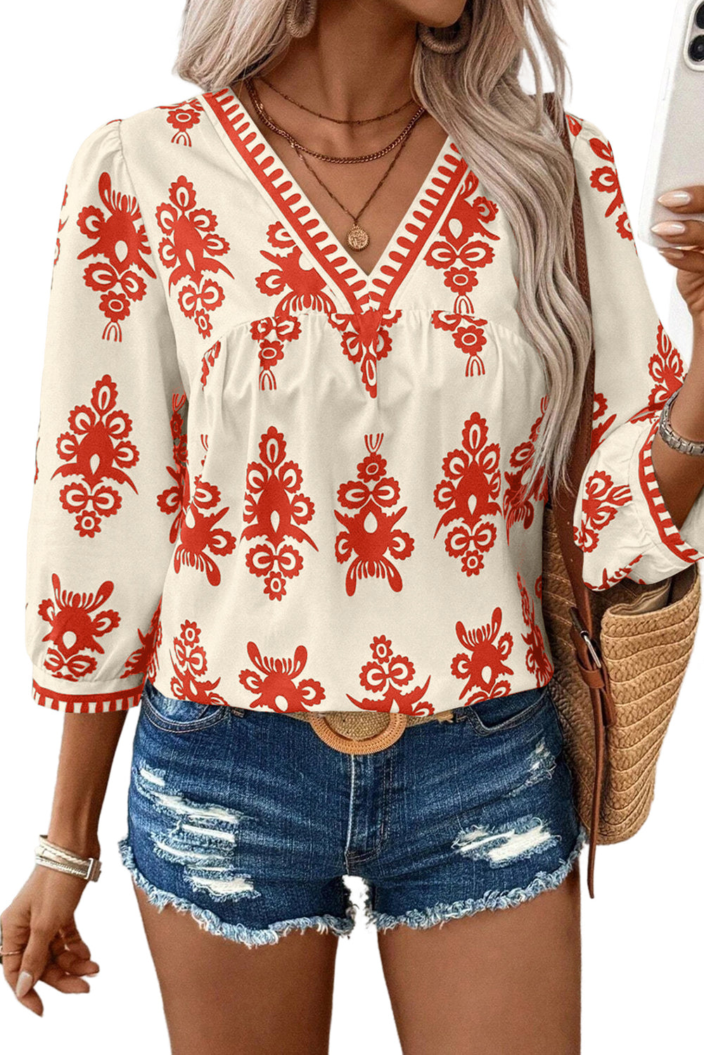 Orange Vintage Geometric Printed 3/4 Sleeve V Neck Blouse