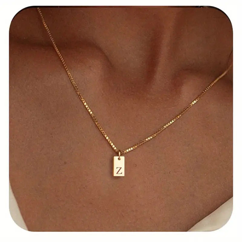 Stainless Steel Corrosion Carved 26 Letters Square Pendant Women's Necklace