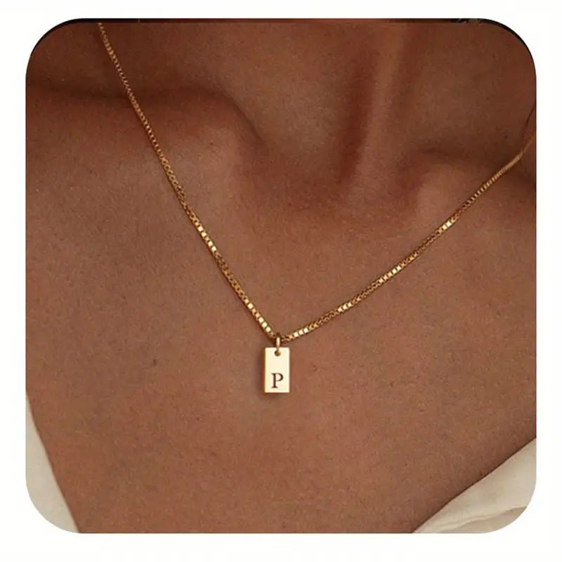 Stainless Steel Corrosion Carved 26 Letters Square Pendant Women's Necklace